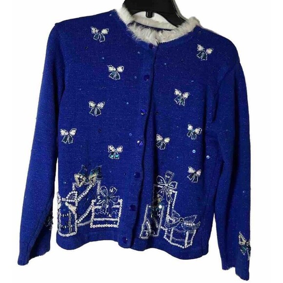 L James Closet Blue Women Ugly Christmas Sweater With Button Ramie/cotton - Picture 1 of 6